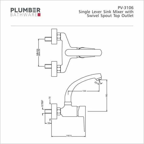 Plumber - Prive Series - Single Lever Sink Mixer Wall Mounted - PV 3106 - Image 2
