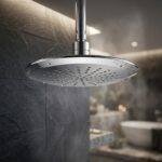 AGL Bathware 9 inch overhead rain shower installed in modern bathroom with chrome finish