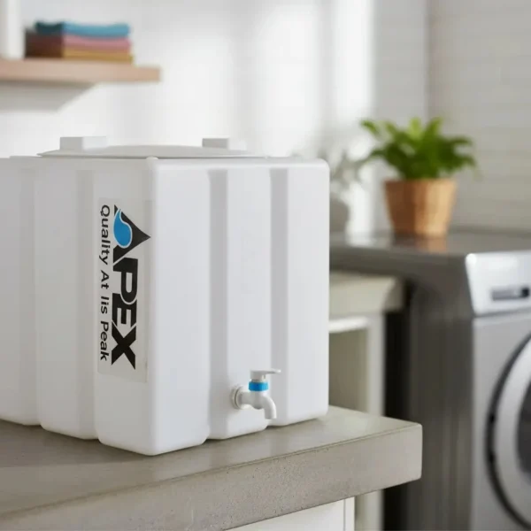 A white 50-litre plastic loft water tank by Apex, featuring a black lid and a built-in tap for easy water access.