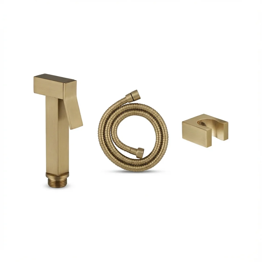 Aquant Brass Health Faucet with 1Mtr flexible hose and Wall Hook 28121 BG Brushed Gold Aquant - Brass Health Faucet Set With 1 mtr. Flexible Hose & Wall Hook - Brushed Gold - BG 28121 - Image 1