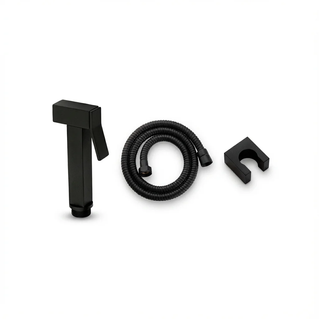 Aquant Brass Health Faucet with 1Mtr flexible hose and Wall Hook 28121 MB Matt Black Aquant - Brass Health Faucet Set With 1 mtr. Flexible Hose & Wall Hook - Matt Black - MB 28121 - Image 1