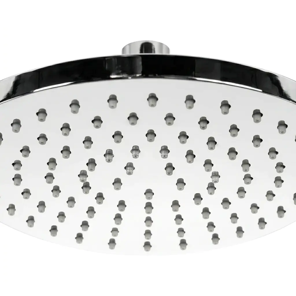 Aquant 150 mm round rain shower head close-up showing anti-clog silicone nozzles