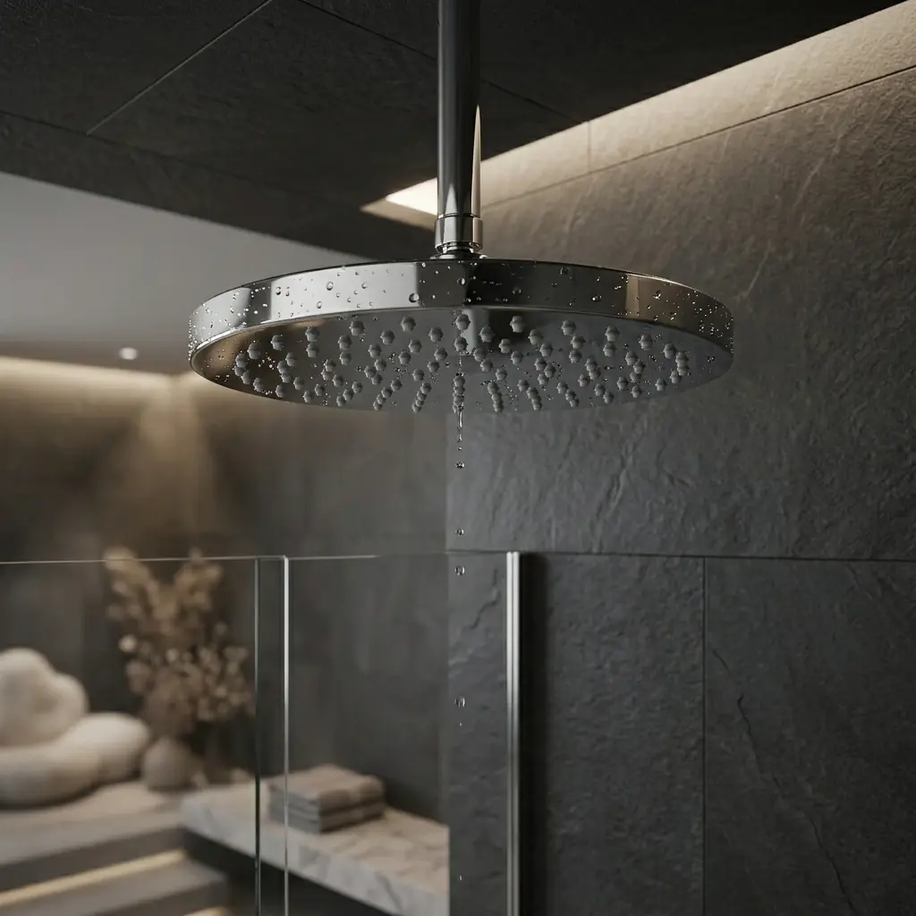 Aquant brass round rain shower ceiling mounted in modern bathroom interior