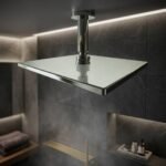 Aquant brass square rain shower ceiling mounted in modern luxury bathroom interior